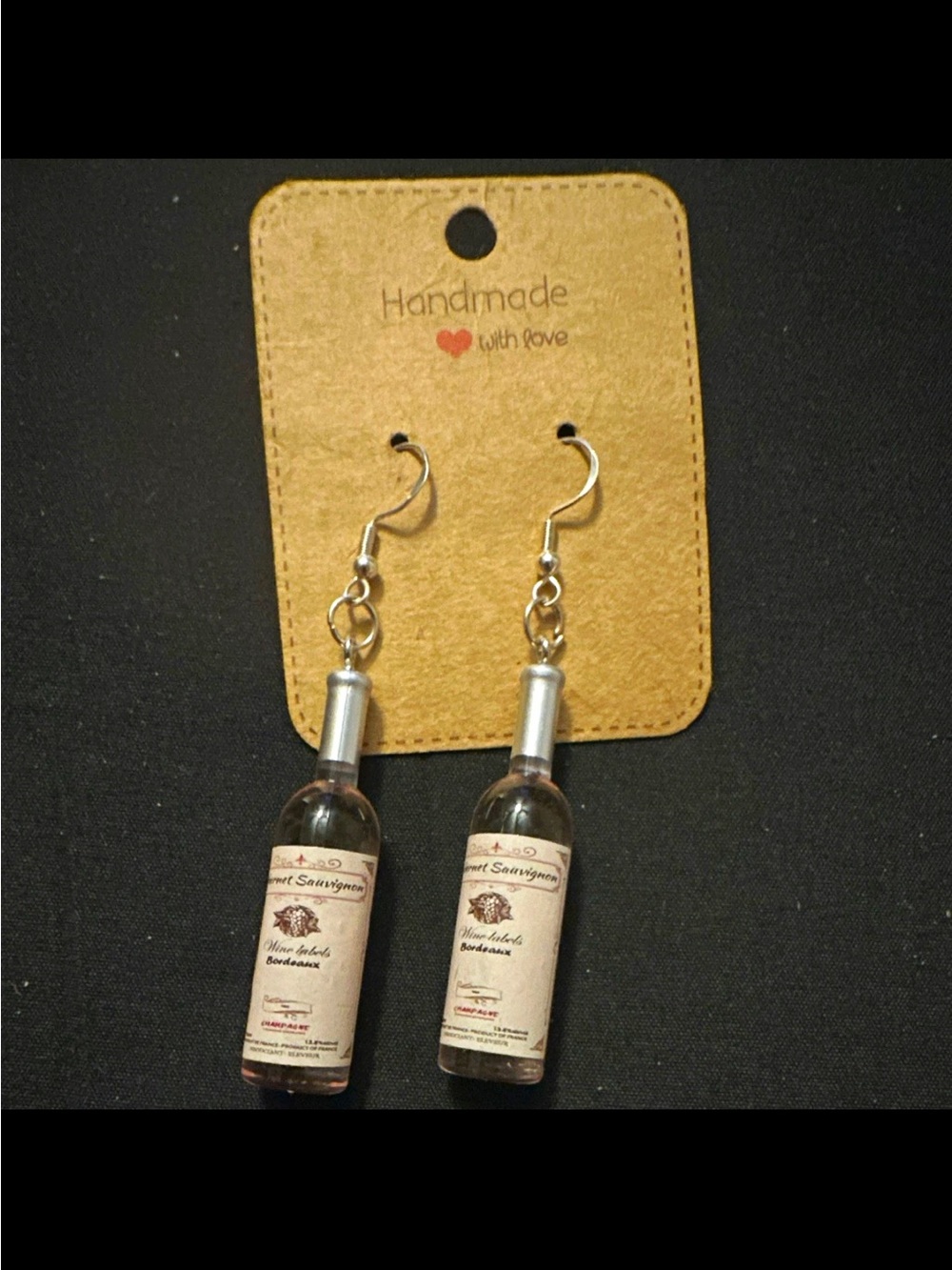 Handmade Pink Wine Bottle Dangle Earrings with Silver Hooks